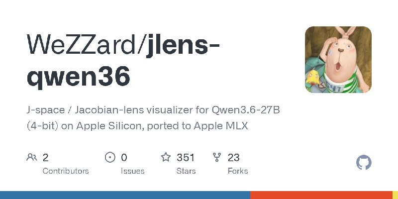 GitHub - WeZZard/jlens-qwen36: J-space / Jacobian-lens visualizer for Qwen3.6-27B (4-bit) on Apple Silicon, ported to Apple MLX