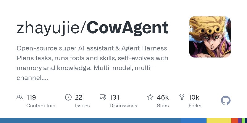 GitHub - zhayujie/CowAgent: Open-source super AI assistant & Agent Harness. Plans tasks, runs tools and skills, self-evolves with…