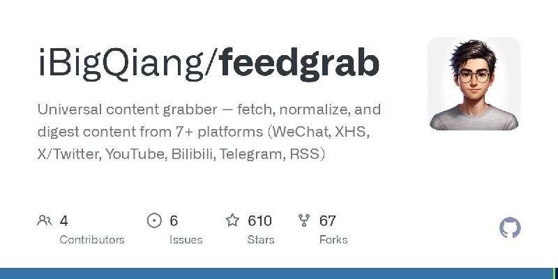 GitHub - iBigQiang/feedgrab: Universal content grabber — fetch, normalize, and digest content from 7+ platforms (WeChat, XHS, X/Twitter…
